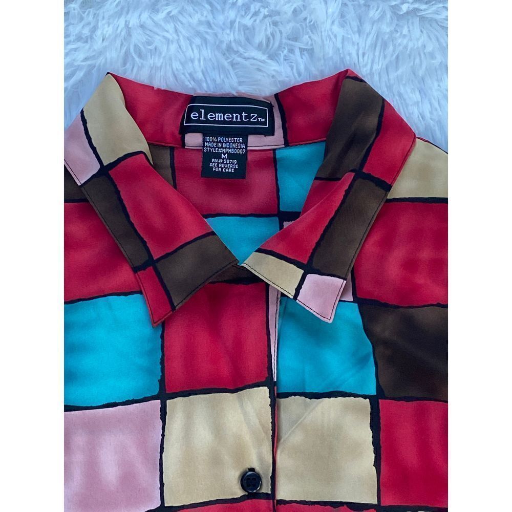 Elementz SZ M Woman’s Colorful Block Print Button Down Blouse/Top - Picture 2 of 10